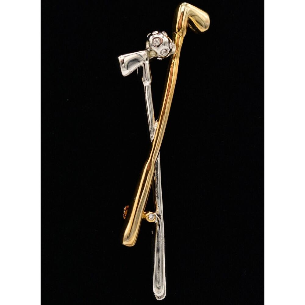 Vintage Golf Club Pin Brooch Call Crossed Gold Silver Two Tone 1980s Bin5A